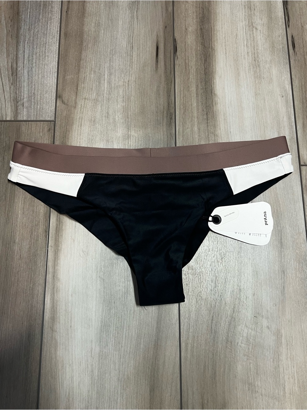PrAna Baja Bound Cheeky Bikini Bottom Colorblock Black White Taupe Sz Medium
